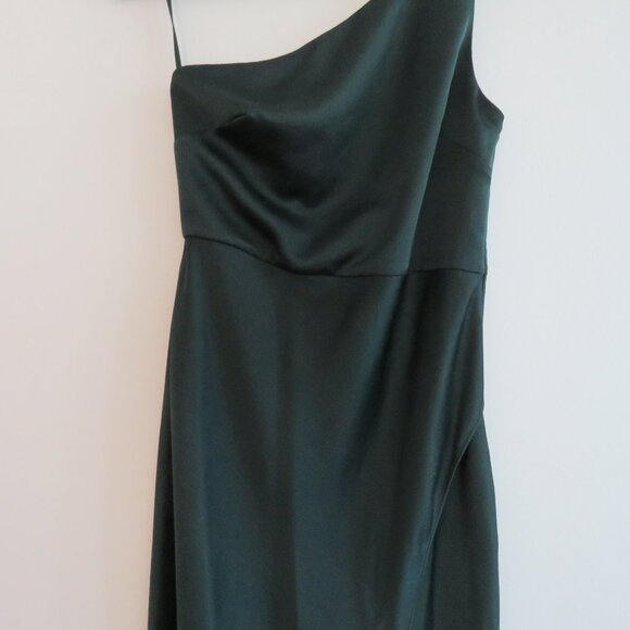 BHLDN Dylan One-Shoulder Satin Charmeuse Side-Slit Bridesmaid Gown Dark Emerald - Picture 9 of 16